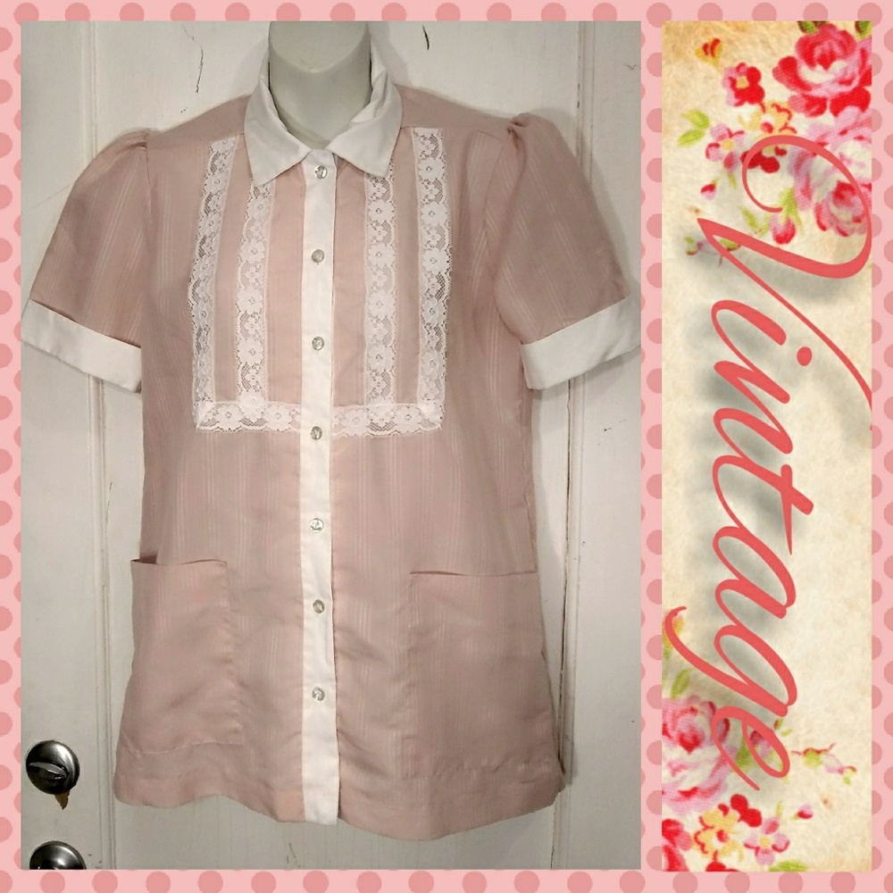 VTG 70s/80s Pink  Blouse w/Puff Sleeve/Lace Small